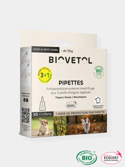 Pipettes insectifuges Bio - Chiot et petit chien - 3+1 offerte
